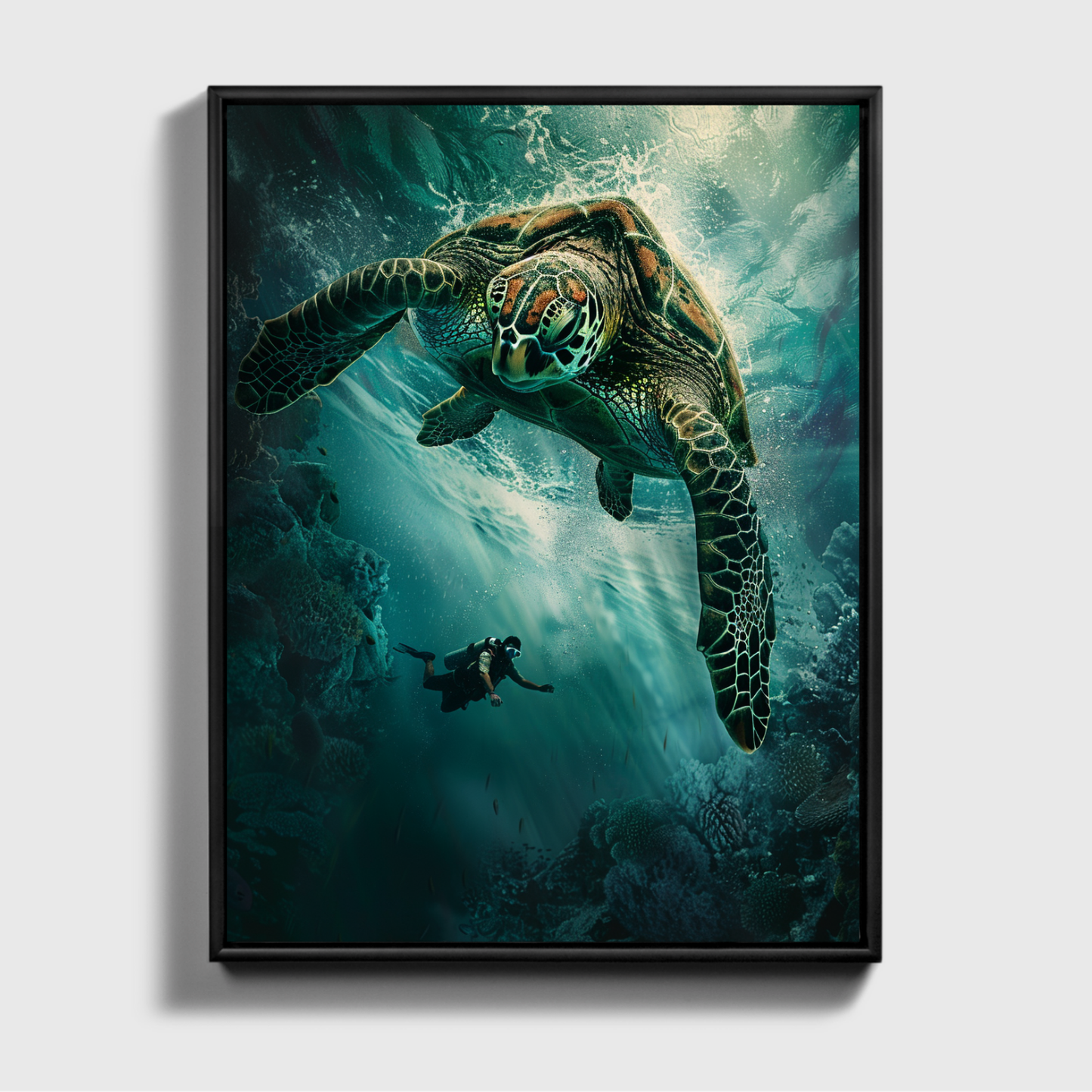 Man Dives in Ocean Big Turtle