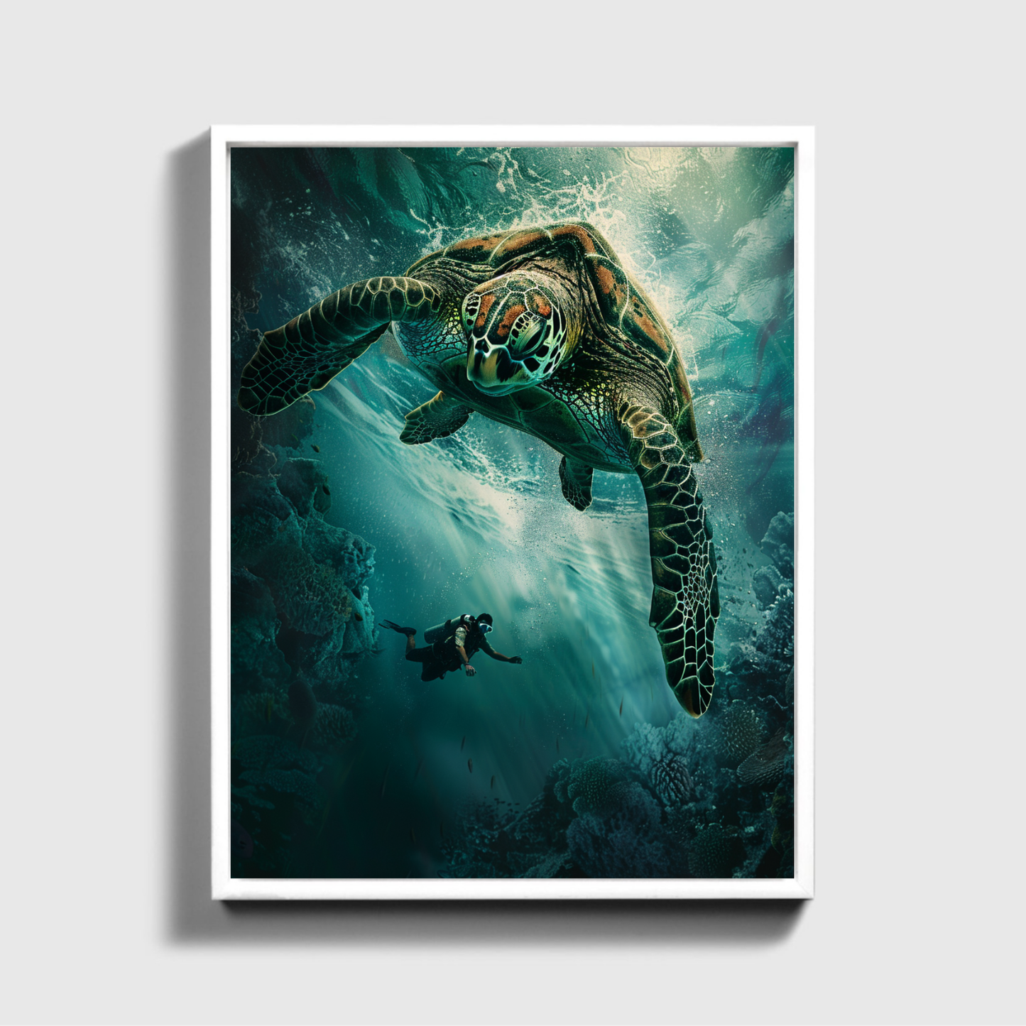 Man Dives in Ocean Big Turtle