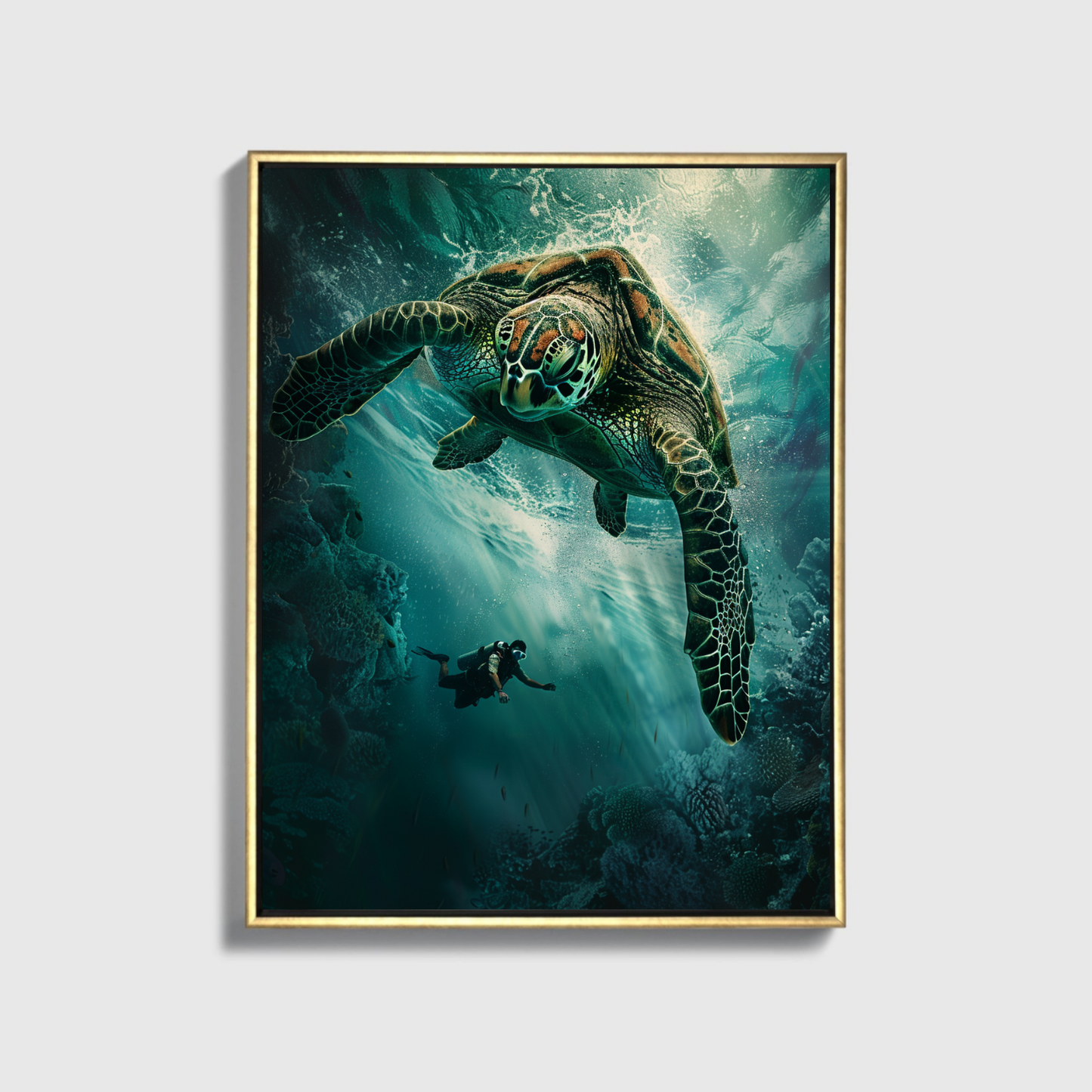Man Dives in Ocean Big Turtle