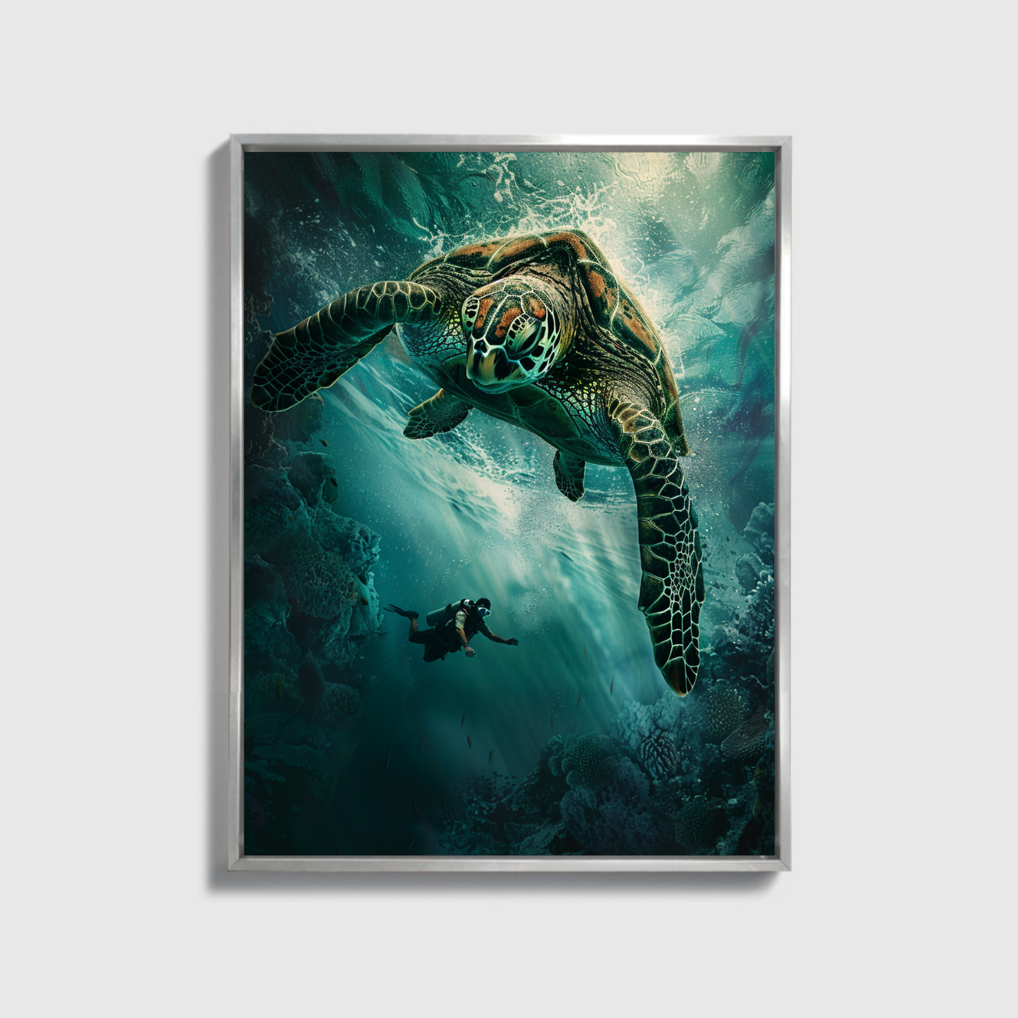 Man Dives in Ocean Big Turtle
