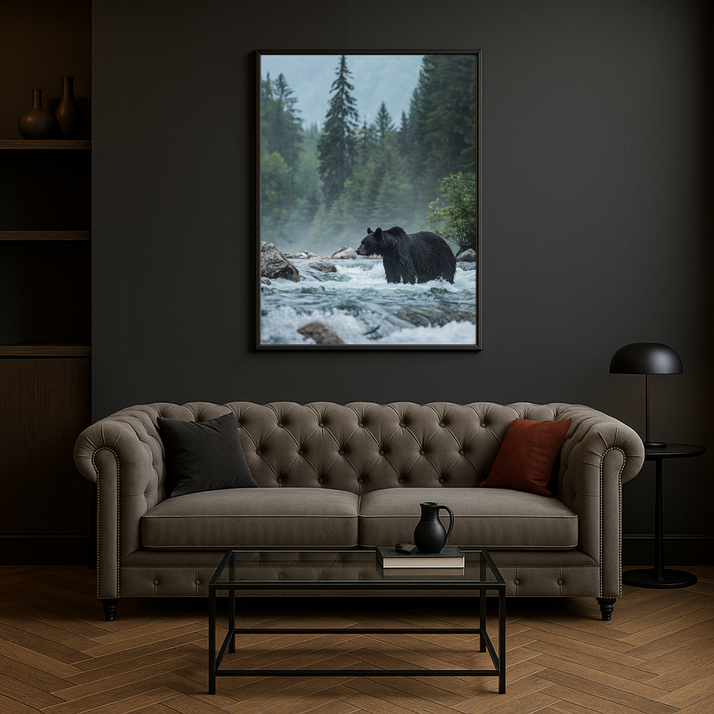 Black bear standing in river
