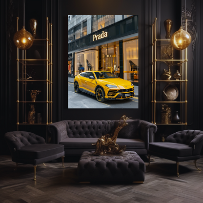 Yellow Lambo Urus Front of Prada Store