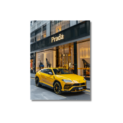 Yellow Lambo Urus Front of Prada Store