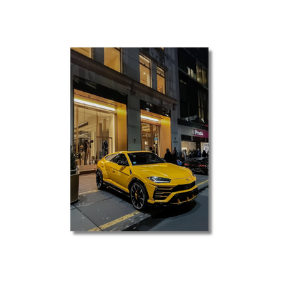 Yellow Lambo Urus Front of Prada Store 2.0