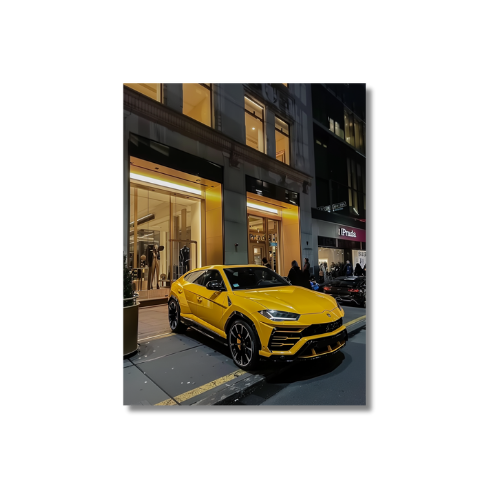 Yellow Lambo Urus Front of Prada Store 2.0