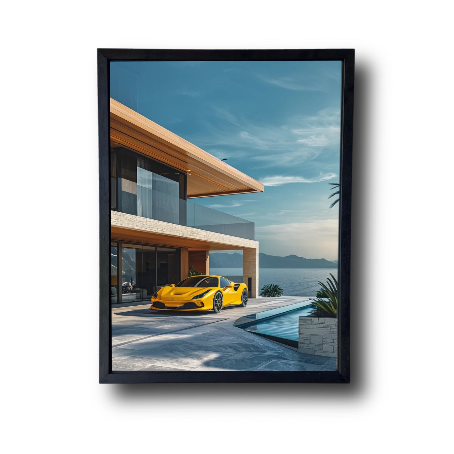 Yellow Ferarri in Front of Modern Villa