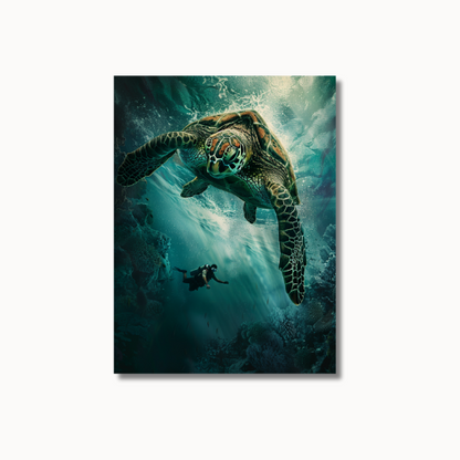 Man Dives in Ocean Big Turtle