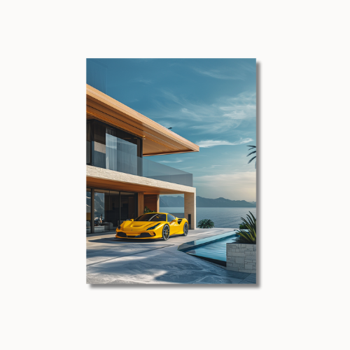 Yellow Ferarri in Front of Modern Villa