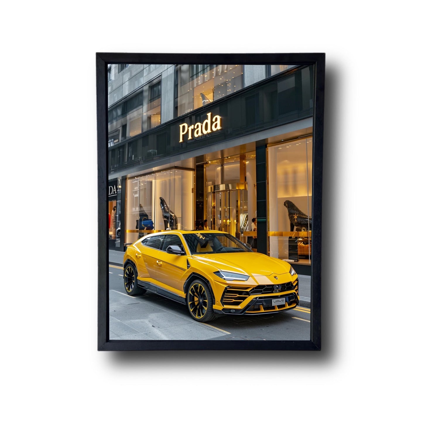 Yellow Lambo Urus Front of Prada Store