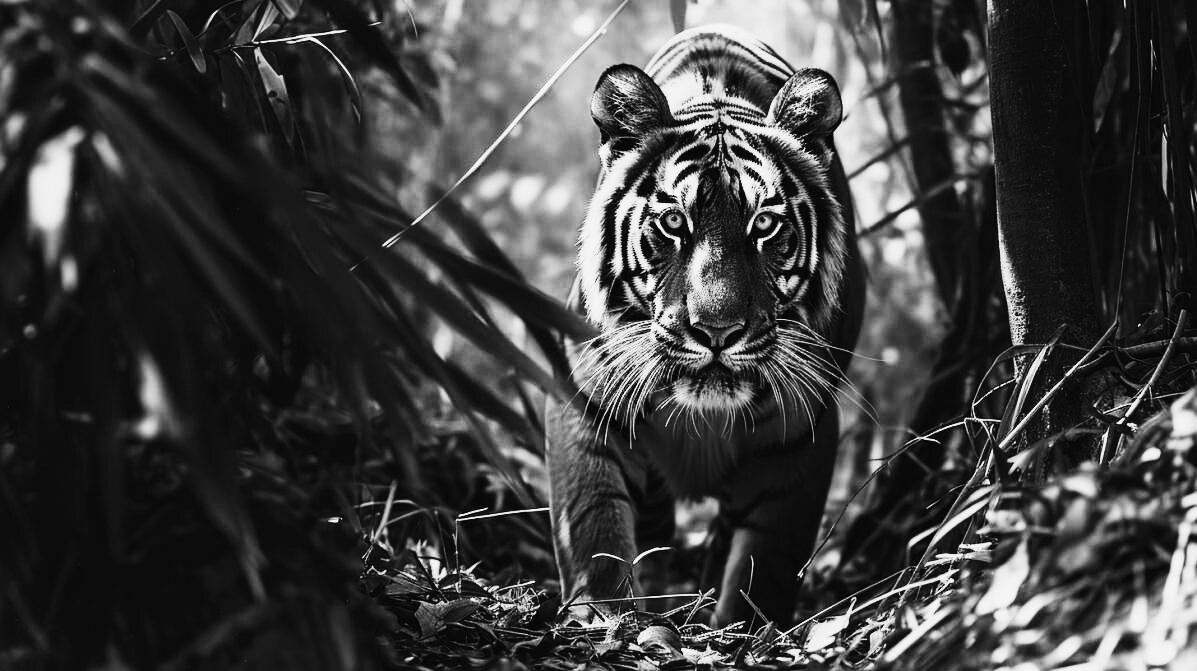 Tiger Emerging From Jungle Shadow