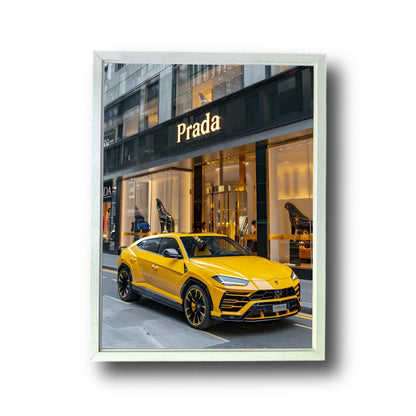 Yellow Lambo Urus Front of Prada Store