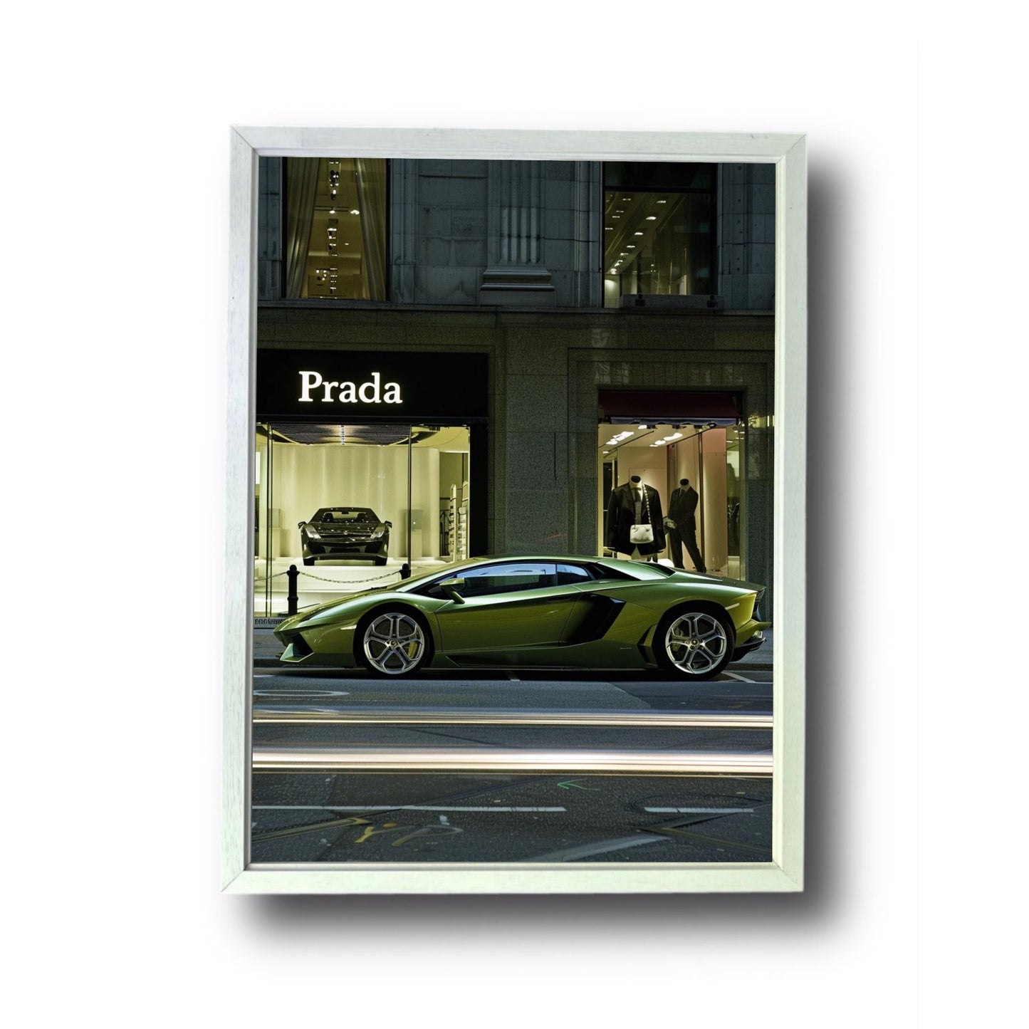 Green Lambo Front of Prada Store