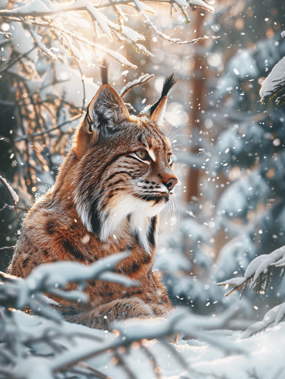 Sunlight Lynx CamouFlaged In Winterforest