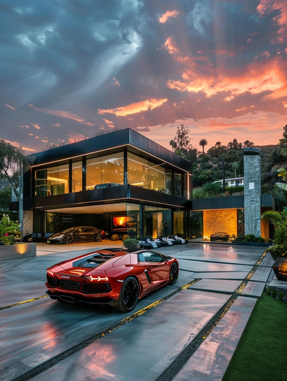 Red Lambo Front of Mansion Beverly Hills