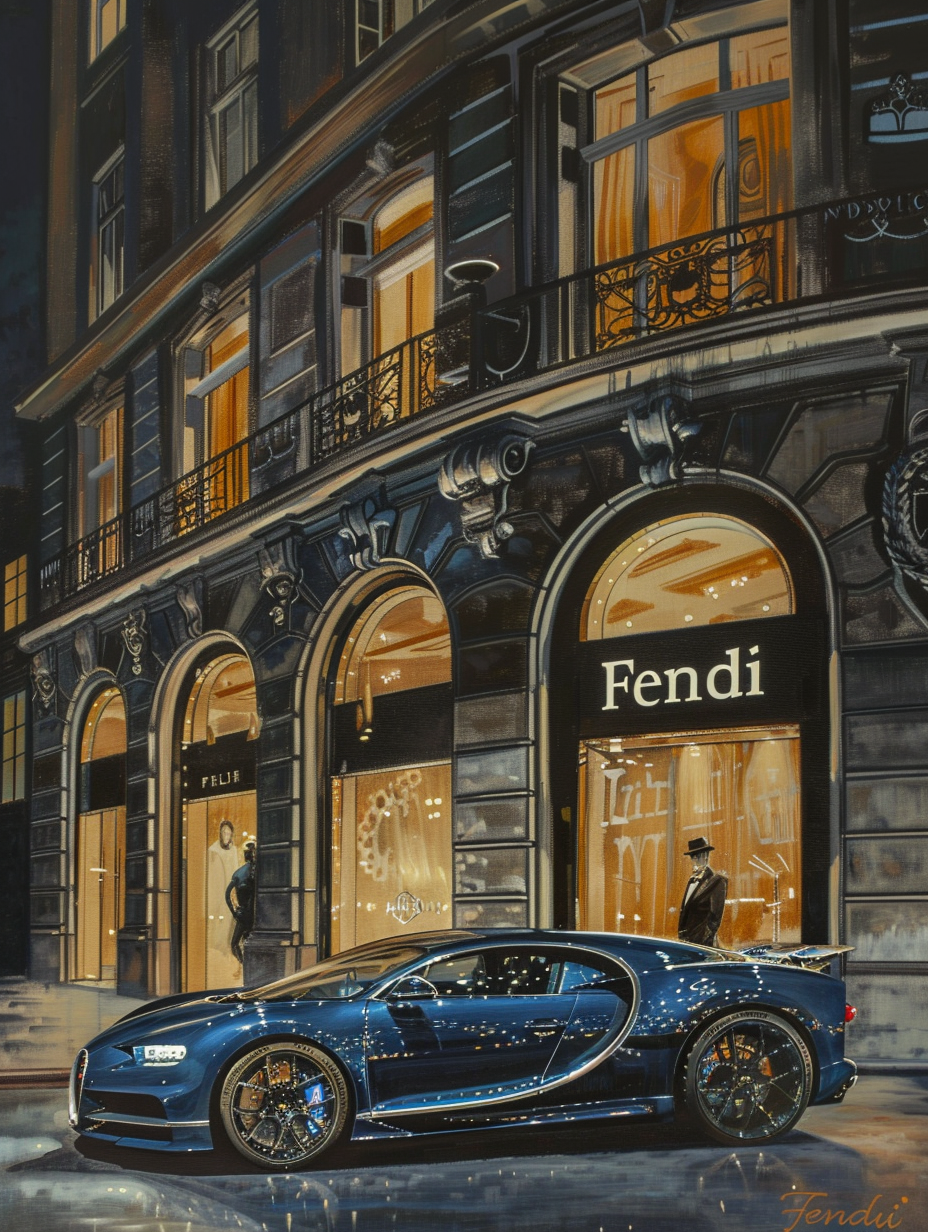 Bugatti Chiron Front of Fendi Store Draw