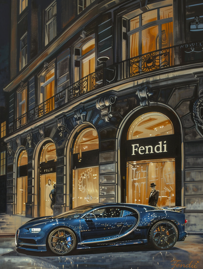 Bugatti Chiron Front of Fendi Store Draw
