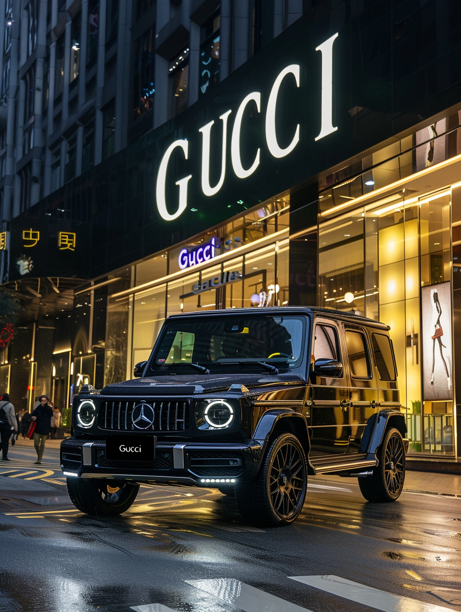 G Wagon Front of Gucci Store