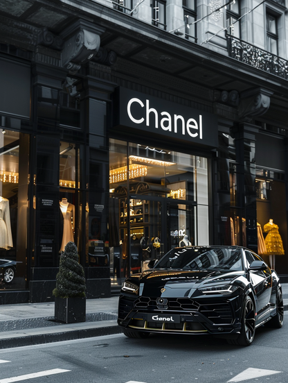 Black Lambo Urus Front of Chanel Store