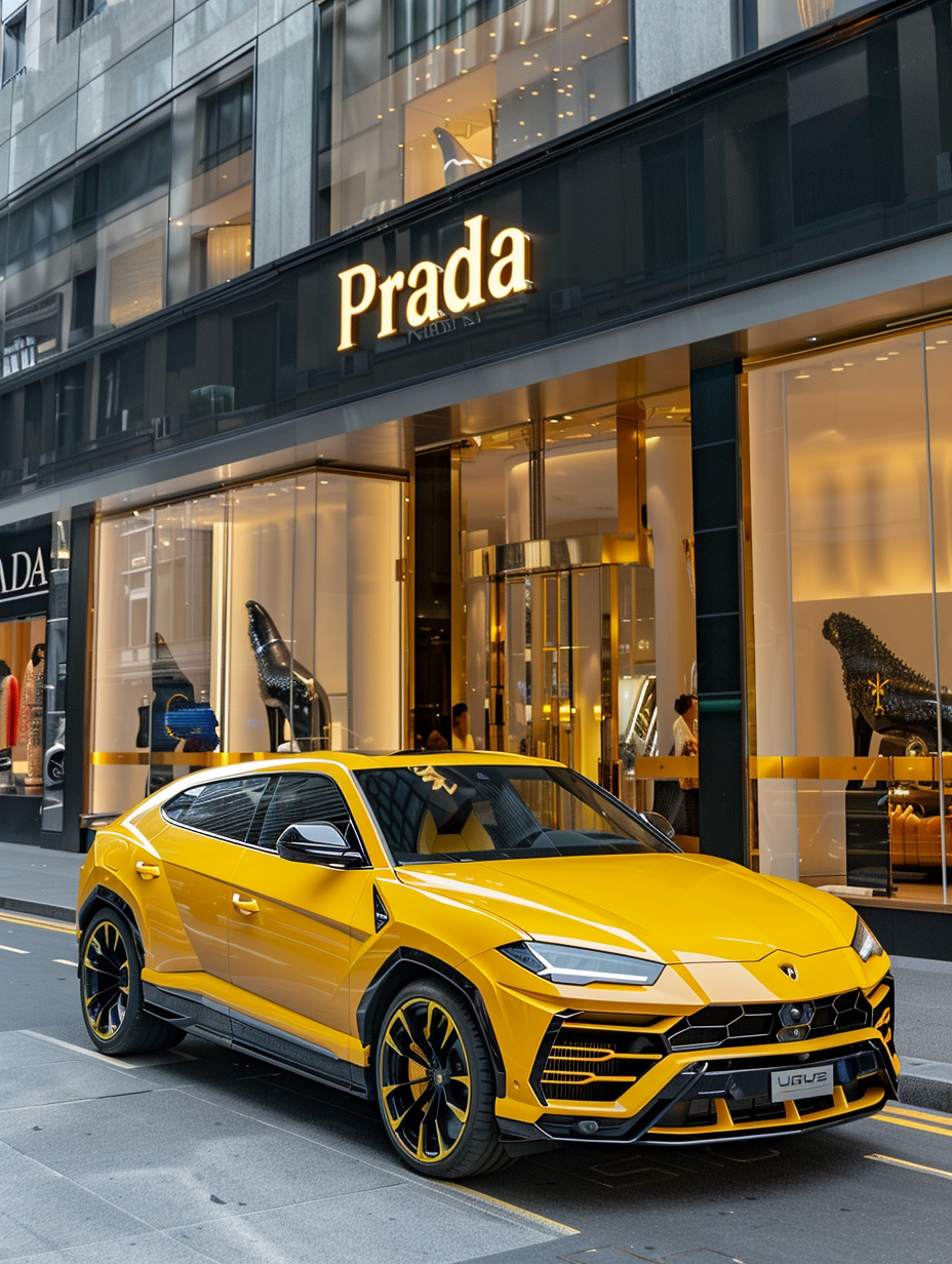 Yellow Lambo Urus Front of Prada Store