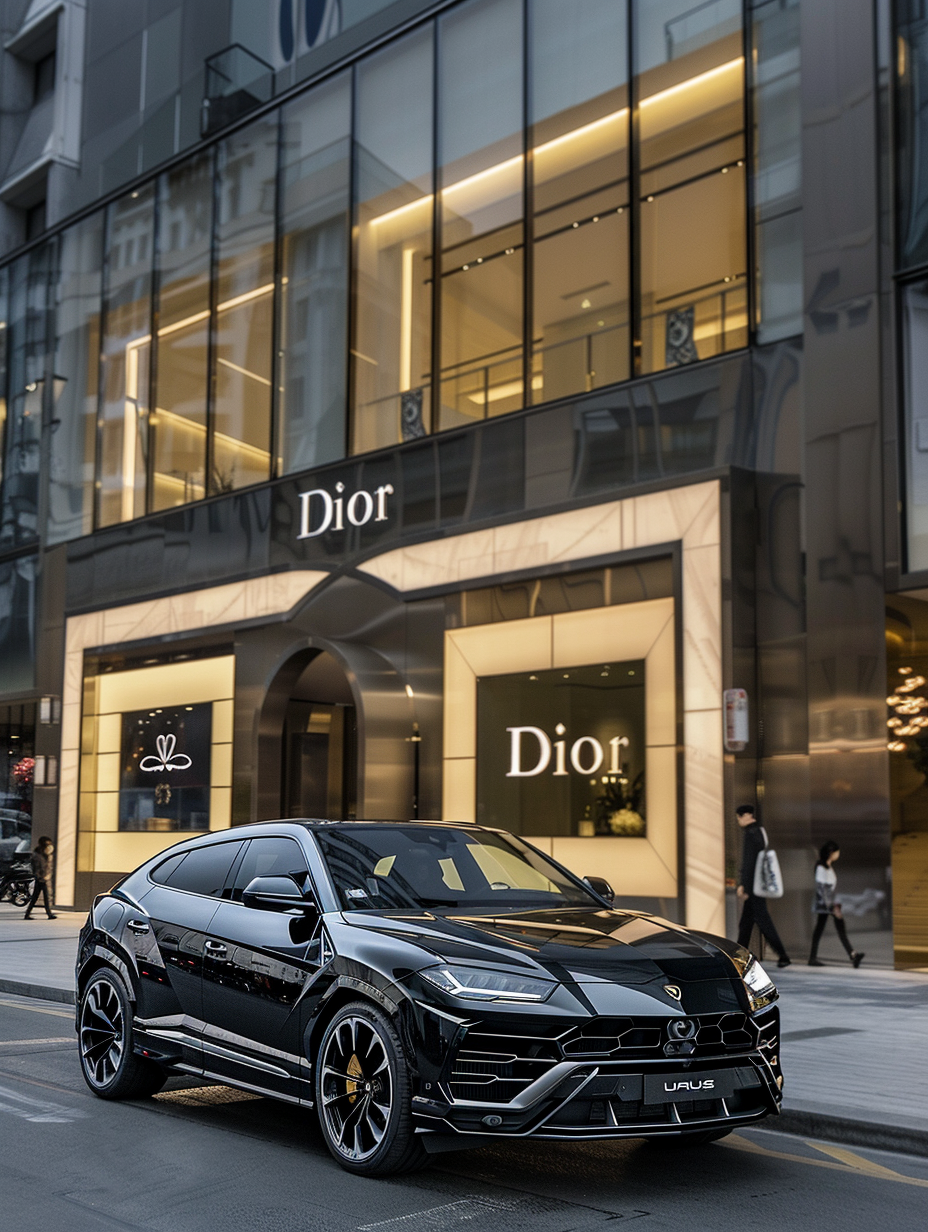 Black Lambo Urus Front of Dior Store