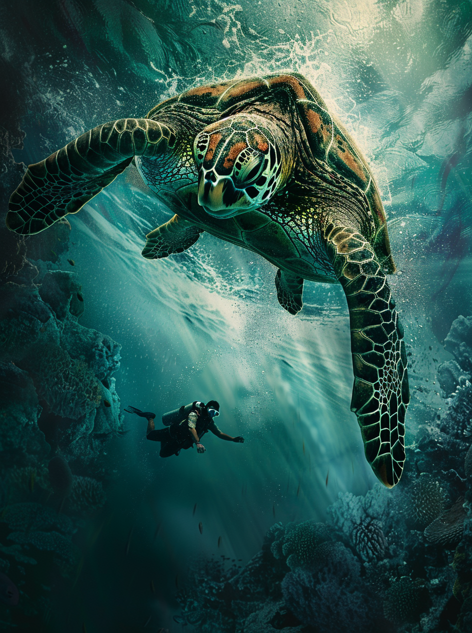 Man Dives in Ocean Big Turtle