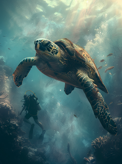 Man Dives in Ocean Big Turtle 3.0