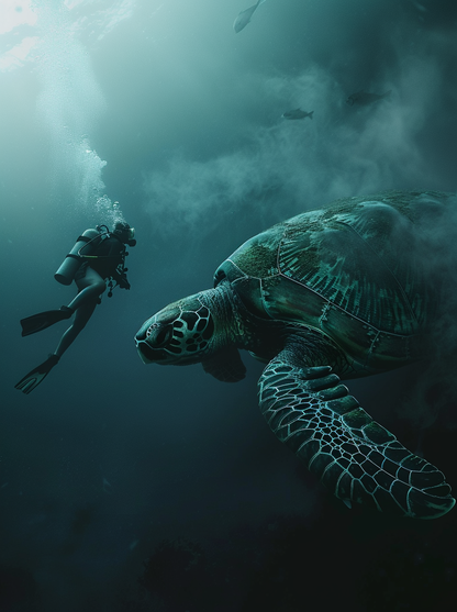 Man Dives in Ocean Big Turtle 5.0