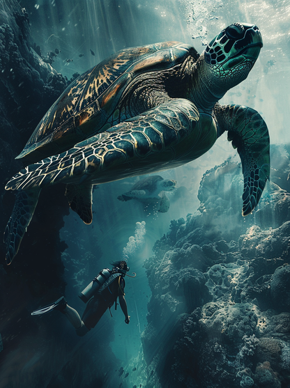 Man Dives in Ocean Big Turtle 4.0