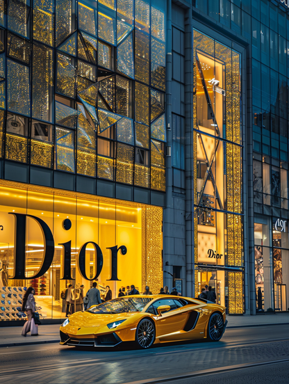 Yellow Lambo Front of Dior Store